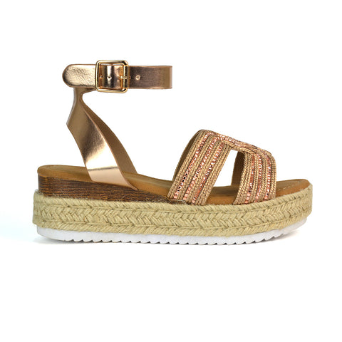 Clara Platform Wedge Heel Sandals Espadrille Diamante Flatforms in Black