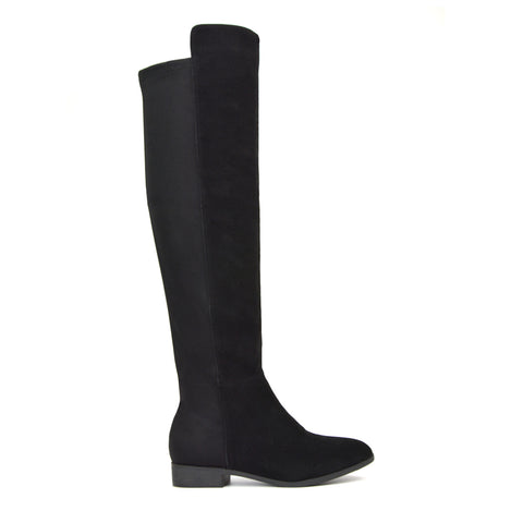 LEGS-ELEVEN FLAT ELASTICATED BACK PANELS OVER THE KNEE BOOTS IN BLACK FAUX SUEDE