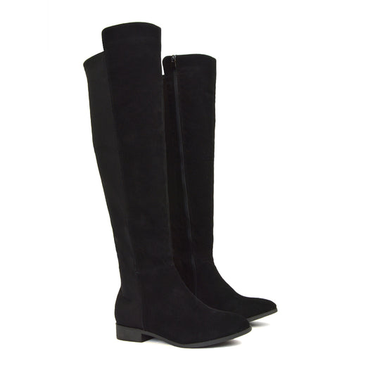 LEGS-ELEVEN FLAT ELASTICATED BACK PANELS OVER THE KNEE BOOTS IN BLACK FAUX SUEDE