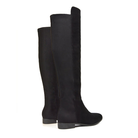 LEGS-ELEVEN FLAT ELASTICATED BACK PANELS OVER THE KNEE BOOTS IN BLACK FAUX SUEDE