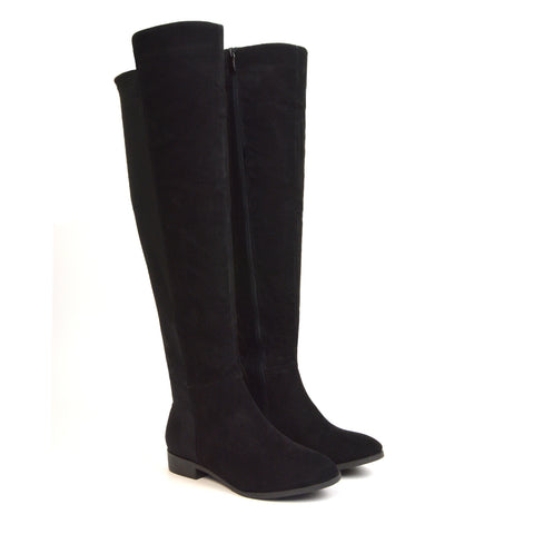 LEGS-ELEVEN FLAT ELASTICATED BACK PANELS OVER THE KNEE BOOTS IN BLACK FAUX SUEDE