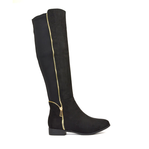 Sutton Zip Up Stretchy Calf Flat Heel Knee High Boots in Black Faux Suede