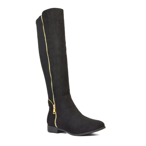 Sutton Zip Up Stretchy Calf Flat Heel Knee High Boots in Black Faux Suede