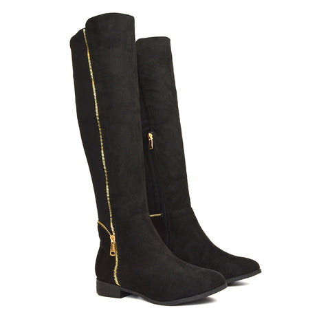 Sutton Zip Up Stretchy Calf Flat Heel Knee High Boots in Black Faux Suede