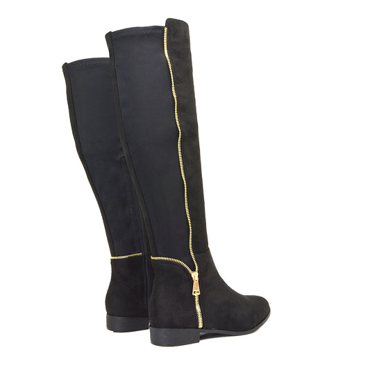 Sutton Zip Up Stretchy Calf Flat Heel Knee High Boots in Black Faux Suede