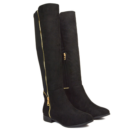 Sutton Zip Up Stretchy Calf Flat Heel Knee High Boots in Black Faux Suede