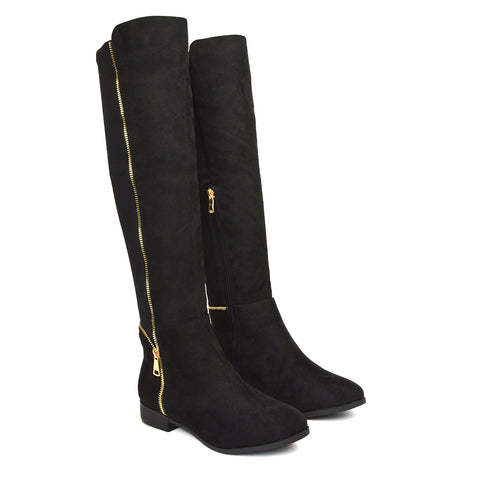 Sutton Zip Up Stretchy Calf Flat Heel Knee High Boots in Black Faux Suede