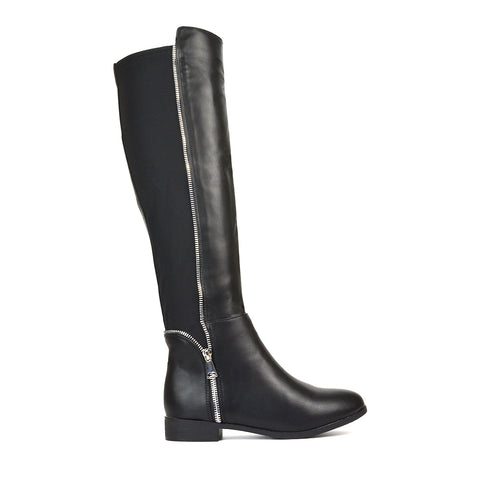 Sutton Zip Up Stretchy Calf Flat Heel Knee High Boots in Black Faux Suede