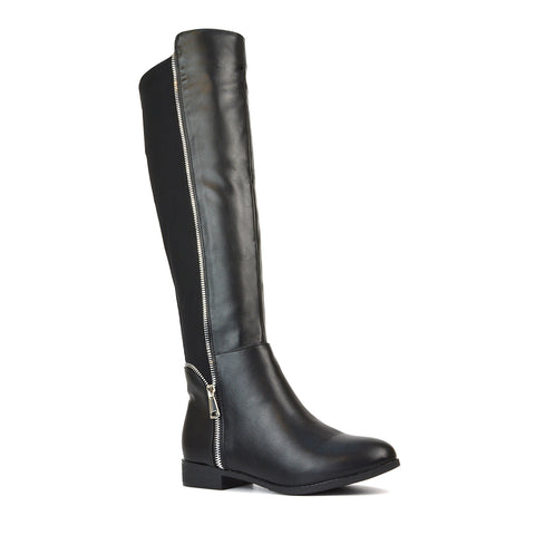 Sutton Zip Up Stretchy Calf Flat Heel Knee High Boots in Black Faux Suede