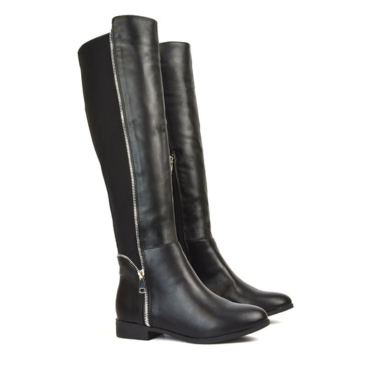 Sutton Zip Up Stretchy Calf Flat Heel Knee High Boots in Black Synthetic Leather