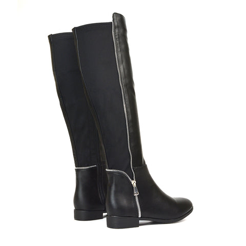 Sutton Zip Up Stretchy Calf Flat Heel Knee High Boots in Black Faux Suede