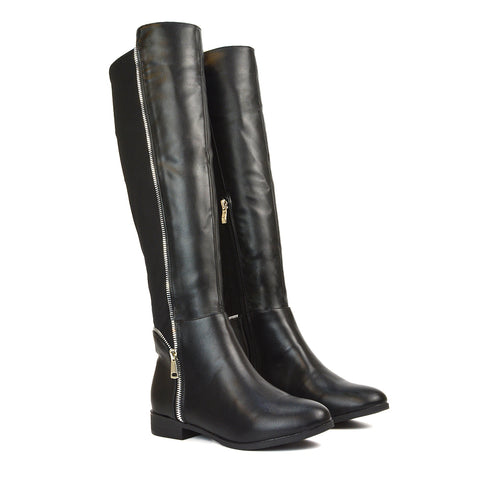 Sutton Zip Up Stretchy Calf Flat Heel Knee High Boots in Black Faux Suede