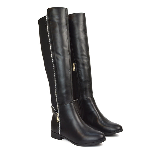 Sutton Zip Up Stretchy Calf Flat Heel Knee High Boots in Black Synthetic Leather