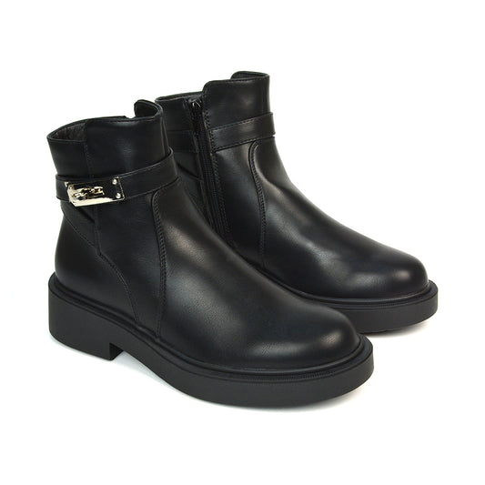 Jodie Chunky Sole Biker Ankle Boots Inside Zip in Black Synthetic Leather