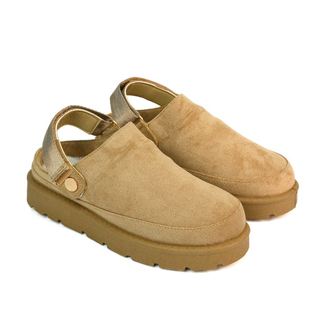 Sienna Closed Toe Clogs Strap Slingback Faux Fur Lined Comfy Slippers in Mushroom