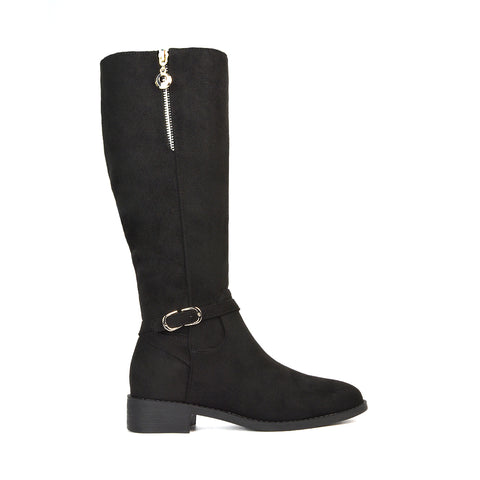 Esme Flat Heel Knee High Winter Long Boots With Inside Zip in Black Synthetic Leather