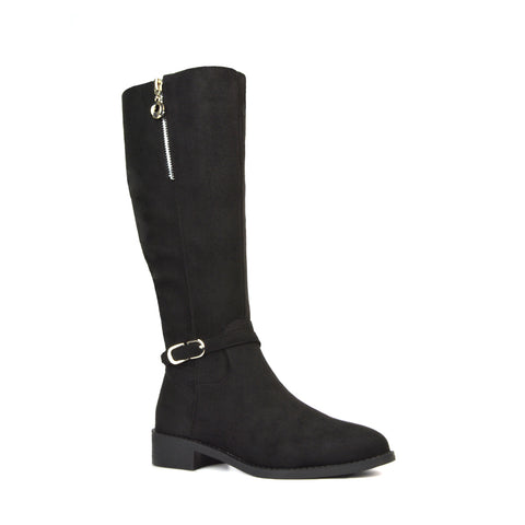 Esme Flat Heel Knee High Winter Long Boots With Inside Zip in Black Synthetic Leather