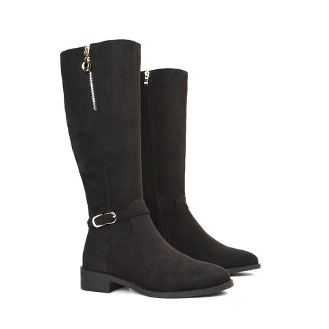 Esme Flat Heel Knee High Winter Long Boots With Inside Zip in Black Synthetic Leather