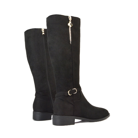 Esme Flat Heel Knee High Winter Long Boots With Inside Zip in Black Faux Suede