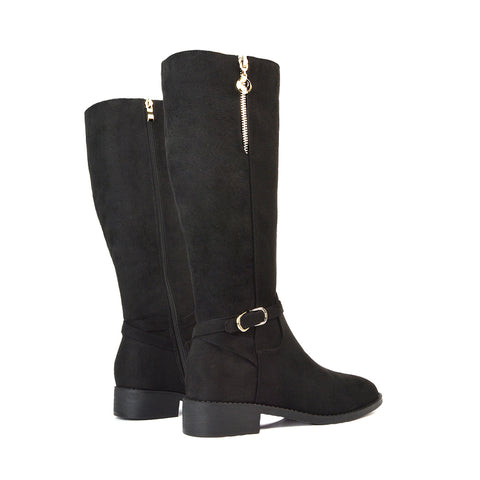 Esme Flat Heel Knee High Winter Long Boots With Inside Zip in Black Synthetic Leather