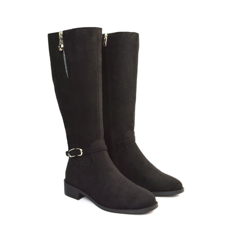 Esme Flat Heel Knee High Winter Long Boots With Inside Zip in Black Synthetic Leather