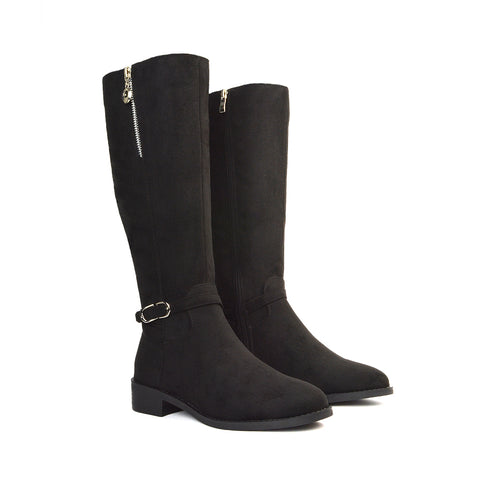 Esme Flat Heel Knee High Winter Long Boots With Inside Zip in Black Synthetic Leather