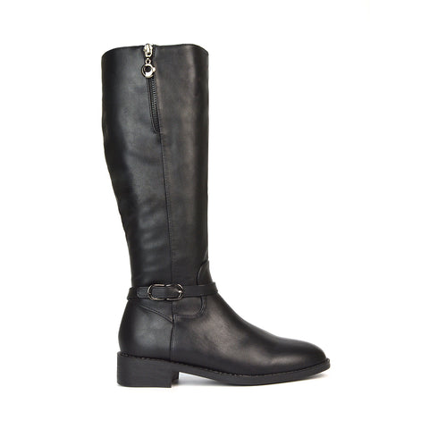 Esme Flat Heel Knee High Winter Long Boots With Inside Zip in Black Synthetic Leather