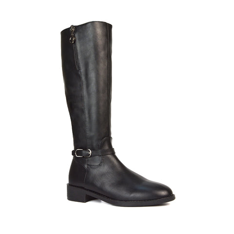 Esme Flat Heel Knee High Winter Long Boots With Inside Zip in Black Synthetic Leather