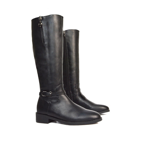 Esme Flat Heel Knee High Winter Long Boots With Inside Zip in Black Synthetic Leather