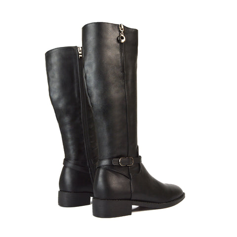 Esme Flat Heel Knee High Winter Long Boots With Inside Zip in Black Synthetic Leather