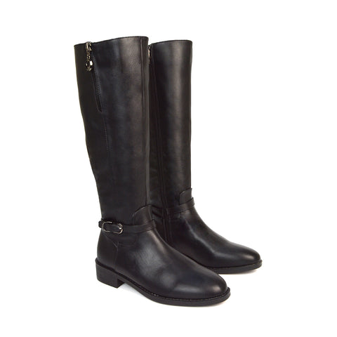 Esme Flat Heel Knee High Winter Long Boots With Inside Zip in Black Synthetic Leather