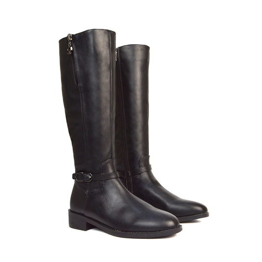 black synthetic leather, women boots, knee high boots