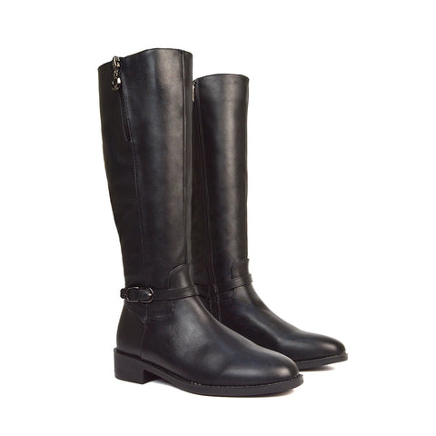 Esme Flat Heel Knee High Winter Long Boots With Inside Zip in Black Synthetic Leather