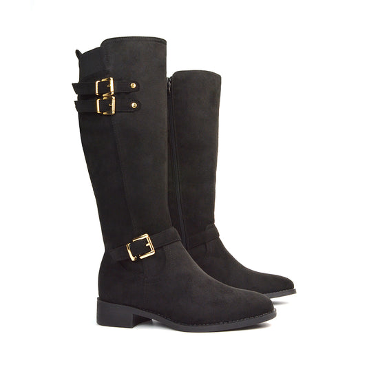 Katy Knee High Flat Heel Buckle Detail Winter Biker Boots in Black Faux Suede