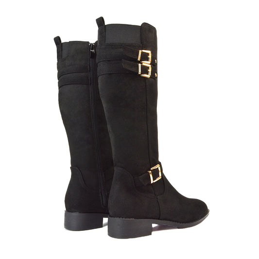 Katy Knee High Flat Heel Buckle Detail Winter Biker Boots in Black Faux Suede