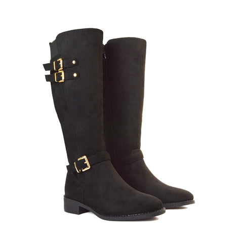 Katy Knee High Flat Heel Buckle Detail Winter Biker Boots in Black Synthetic Leather