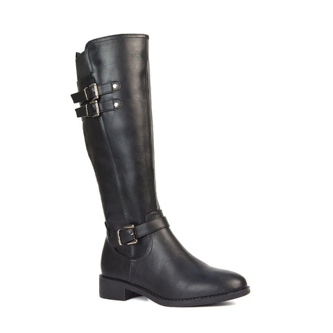 Katy Knee High Flat Heel Buckle Detail Winter Biker Boots in Black Synthetic Leather