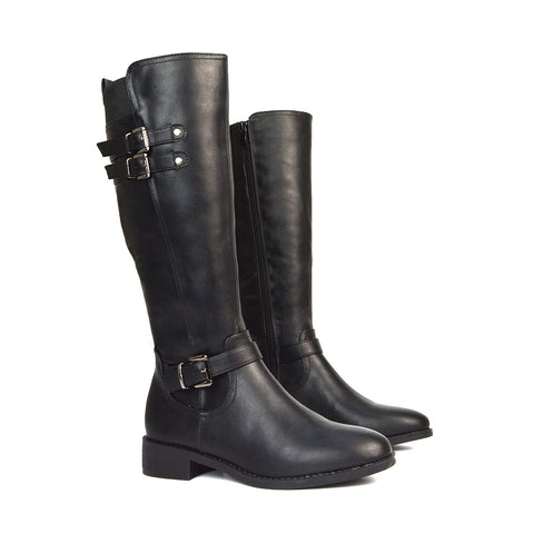 Katy Knee High Flat Heel Buckle Detail Winter Biker Boots in Black Synthetic Leather