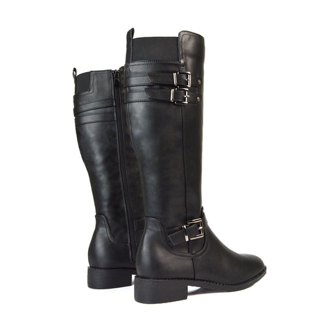 Katy Knee High Flat Heel Buckle Detail Winter Biker Boots in Black Synthetic Leather