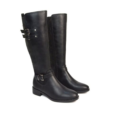 Katy Knee High Flat Heel Buckle Detail Winter Biker Boots in Black Synthetic Leather