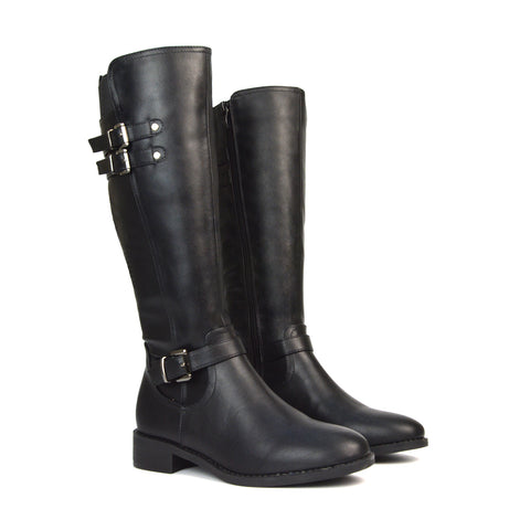 Katy Knee High Flat Heel Buckle Detail Winter Biker Boots in Black Synthetic Leather