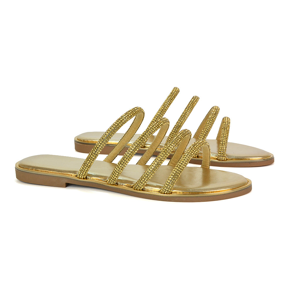 Valentina Slip On Diamante Strappy Rhinestone Flat Sandals in Gold