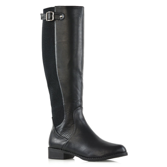 Molly Knee High Stretch Calf Flat Low Heel Zip Up Long Boots in Black Synthetic Leather