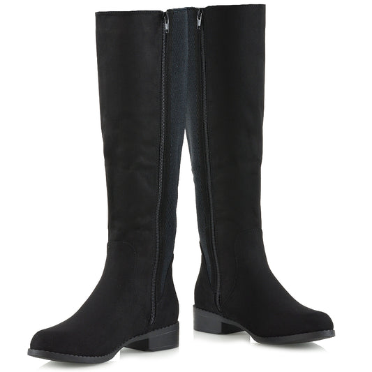 Molly Knee High Stretch Calf Flat Low Heel Zip Up Long Boots in Black Faux Suede