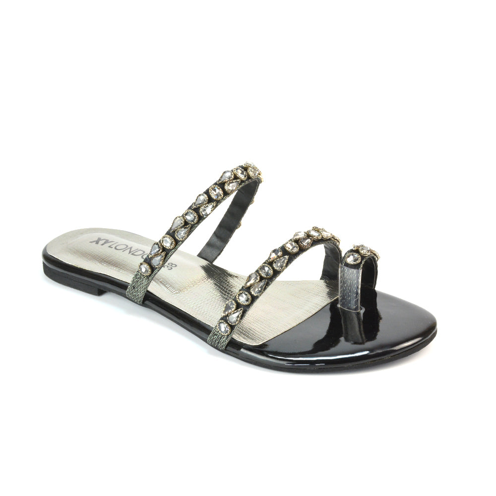 Black Flat Diamante Sandals