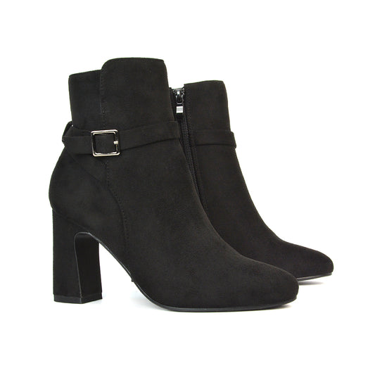 Maria Block High Heel Winter Zip Up Ankle Boots in Black Faux Suede