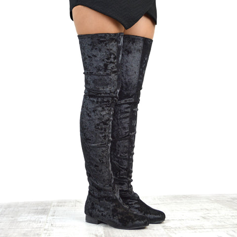 WILLOW BLACK CRUSHED VELVET THIGH HIGHS