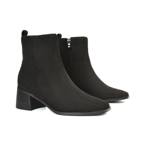 Cece Low Block Heel Square Toe Chelsea Ankle Boots in Black Synthetic Leather