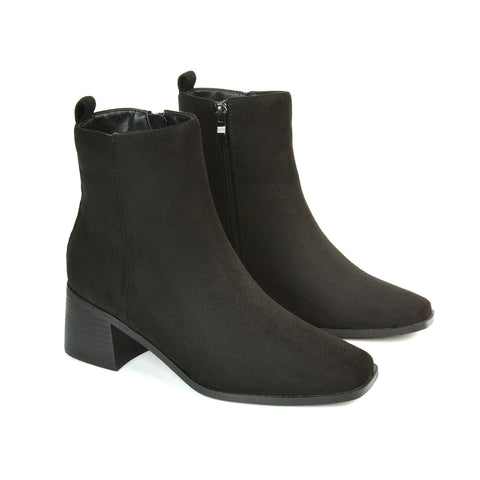 Cece Low Block Heel Square Toe Chelsea Ankle Boots in Black Synthetic Leather