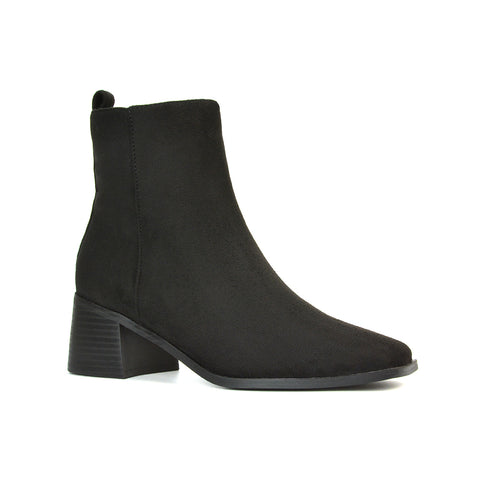 Cece Low Block Heel Square Toe Chelsea Ankle Boots in Black Synthetic Leather